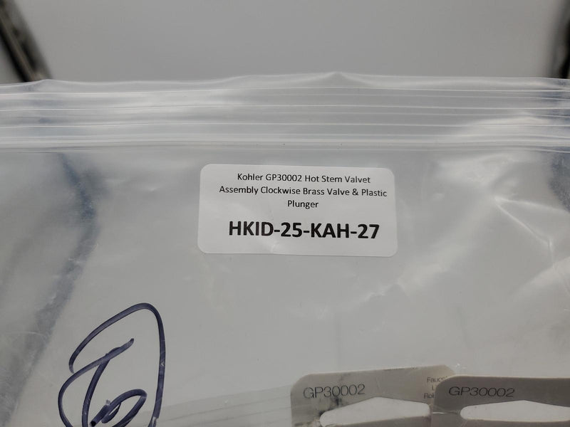 Kohler GP30002 Hot Stem Valvet Assembly Clockwise Brass Valve & Plastic Plunger 5
