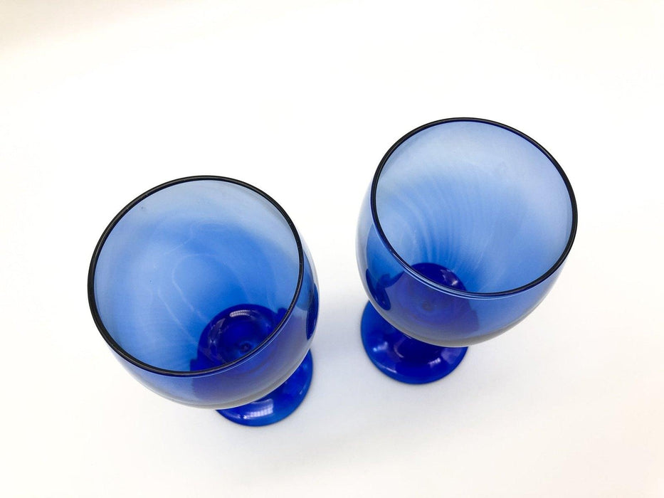 Pair of Vintage Blue Wine Glasses Crystal Teardrop Mediterranean Hand Blown 7" 3