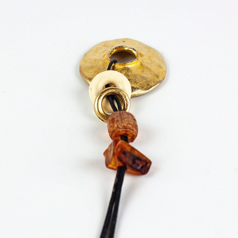 Gold Toned Statement Necklace Metal Donut Amulet Corded 4