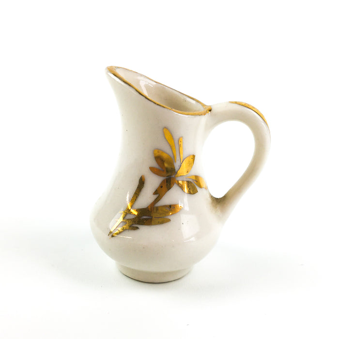 Gold Luster Pitcher Vintage Miniature White Porcelain w/ Flower Motif 1.75"