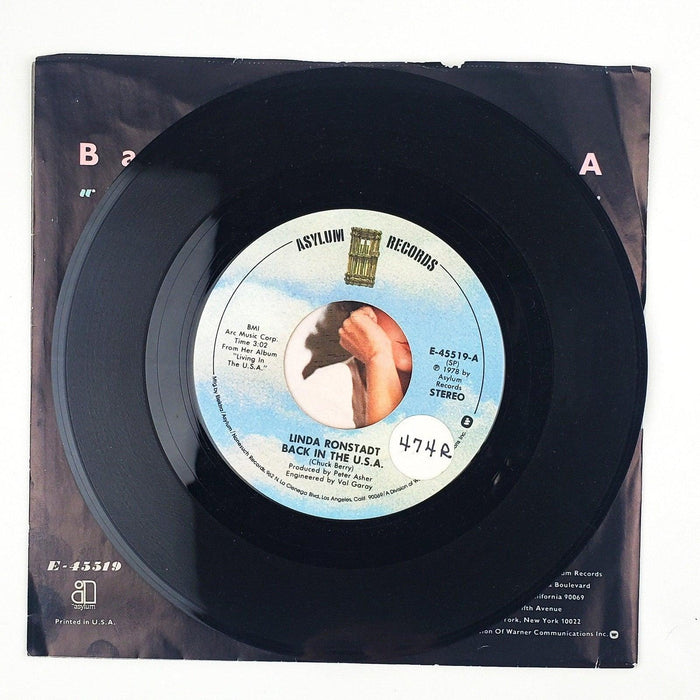 Linda Ronstadt Back In The USA Record 45 RPM Single E-45519 Asylum Records 1978 3