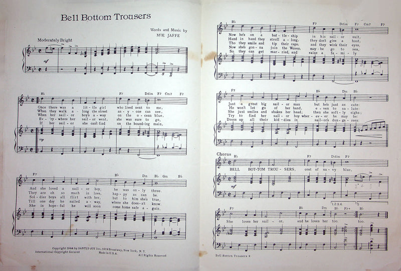 Sheet Music Bell Bottom Trousers Moe Jaffe 1944 US Navy WW2 Sailors Song 2