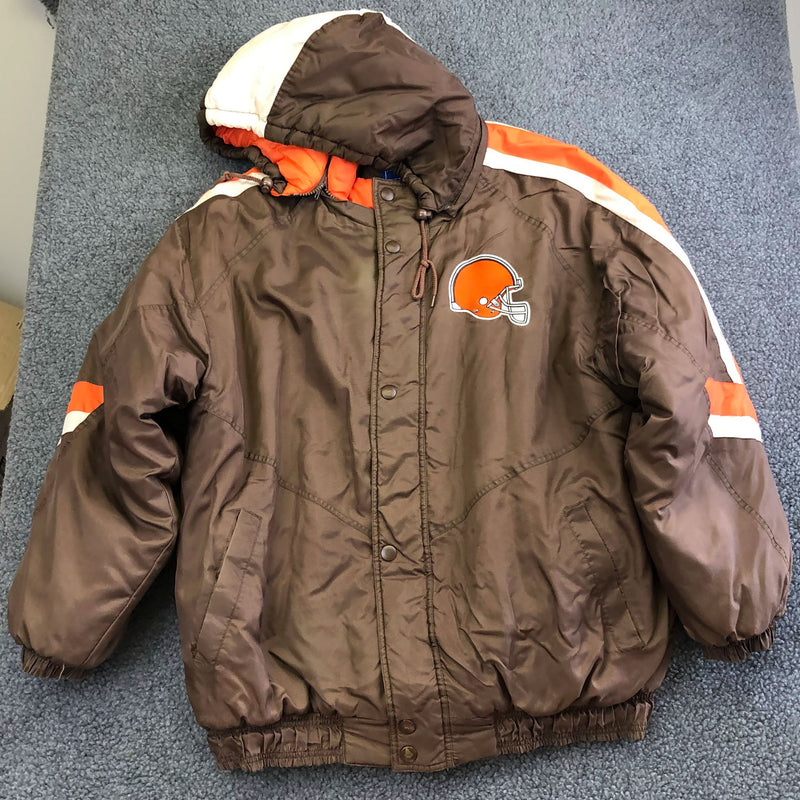 Vintage Cleveland Browns Starter Jacket Puffer Coat Mens Large Brown Orange Hood