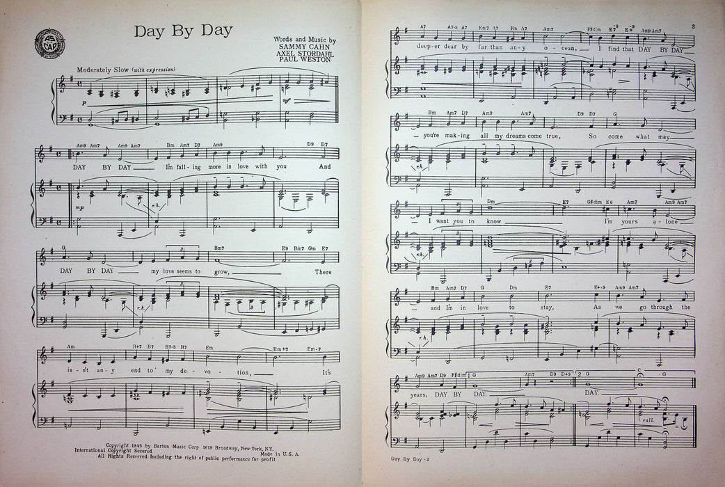 Day By Day Sheet Music Sammy Cahn Stordahl Weston 1945 Vocal Piano Eileen Barton 3