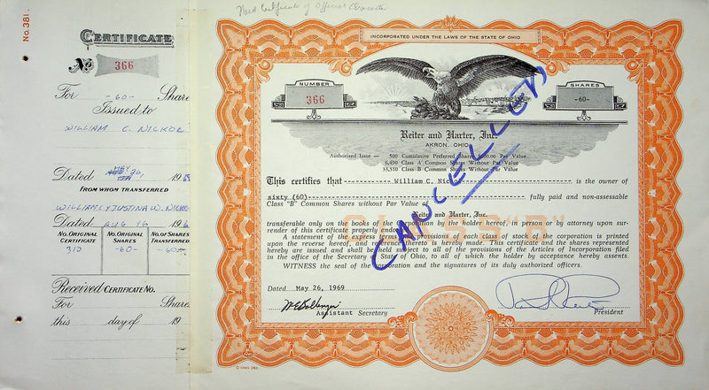 Reiter Dairy Company Stock Certificate Bond Scripophilly Akron Ohio 1969 No 366
