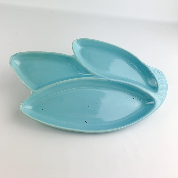 Vintage USA Pottery Leaf Shaped Teal Turquoise Blue Divided Serving Candy Dish 3