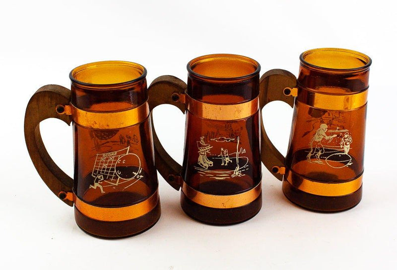 Siesta Ware Amber Stein Glass Sports Mug Skiing Golf Baseball Wooden Handle 1