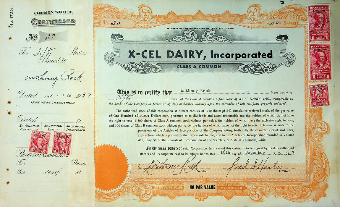 X-Cel Dairy Company Stock Certificate Bond Scripophilly Akron Ohio 1937 No 20