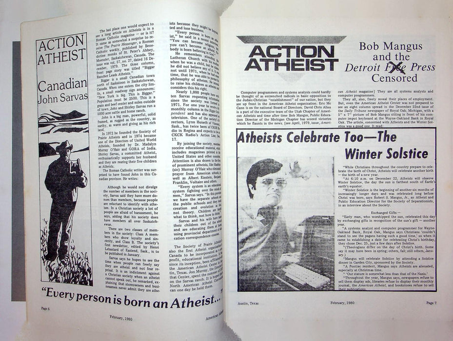 American Atheist Magazine February 1980 Arnold Via Bob Mangus John Sarvas