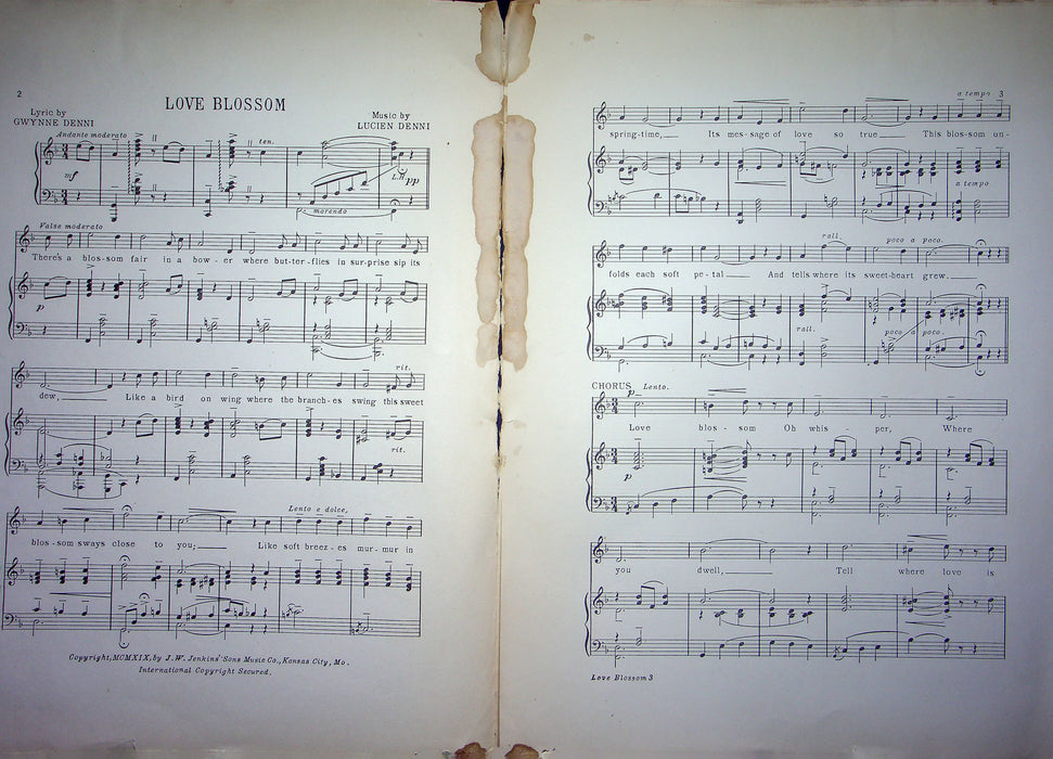 Sheet Music Love Blossom Gwynne Lucien Denni 1919 J W Jenkins Sons Piano Song 1 2