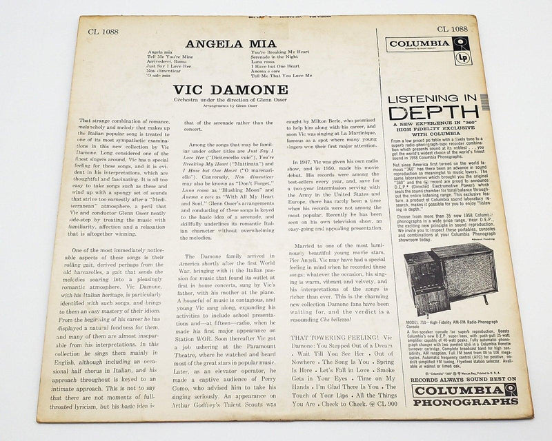 Vic Damone Angela Mia 33 RPM LP Record Columbia 1958 CL 1088 2