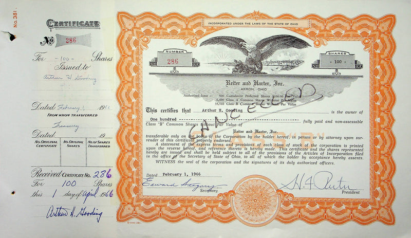 Reiter Dairy Company Stock Certificate Bond Scripophilly Akron Ohio 1966 No 286