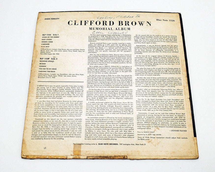 Clifford Brown Memorial Album 33 RPM LP Record Blue Note 1956 BLP 1526 2