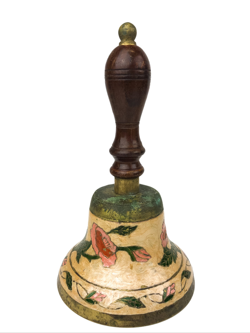 Vintage Bronze Bell Enamel Floral Design & Wooden Handle LARGE 5-3/4" x 10"