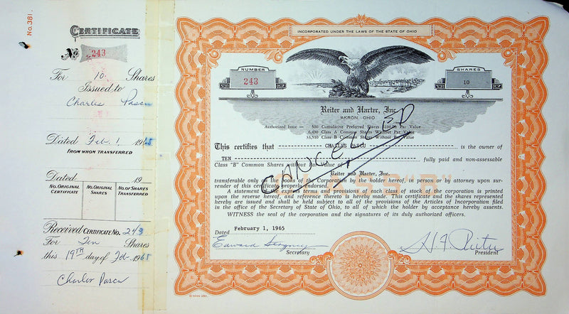 Reiter Dairy Company Stock Certificate Bond Scripophilly Akron Ohio 1965 No 243