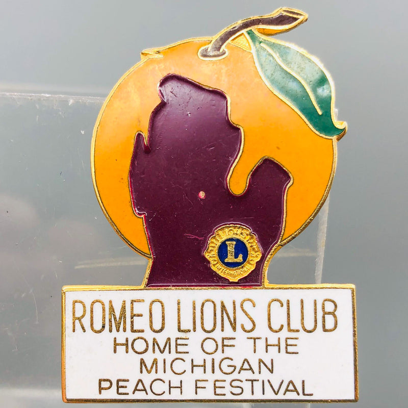 Vintage Romeo Lions Club Lapel Pin Pinback Michigan Peach Festival State Outline