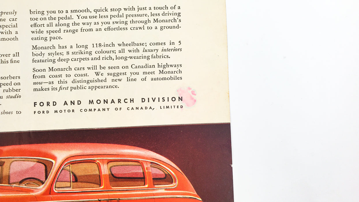 1946 Ford Monarch Canadian Print Ad Bi-Fold Ride Like A King 21"x13"