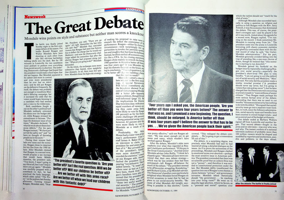 Newsweek Magazine October 15 1984 Mondale Regan Debate Buscetta Mafia Betrayal