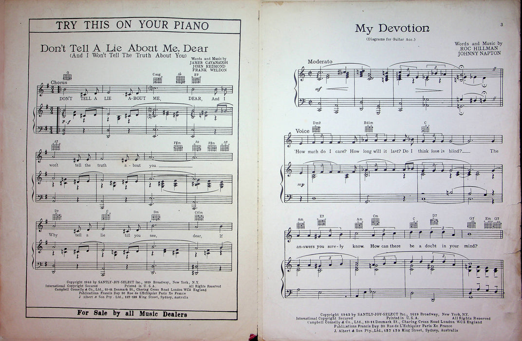 My Devotion Sheet Music Roc Hillman Johnny Napton 1942 Piano Vocal Chord Song 2