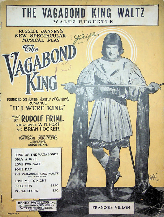 The Vagabond King Waltz Sheet Music Rudolf Friml Piano Vocal Musical 1926 1