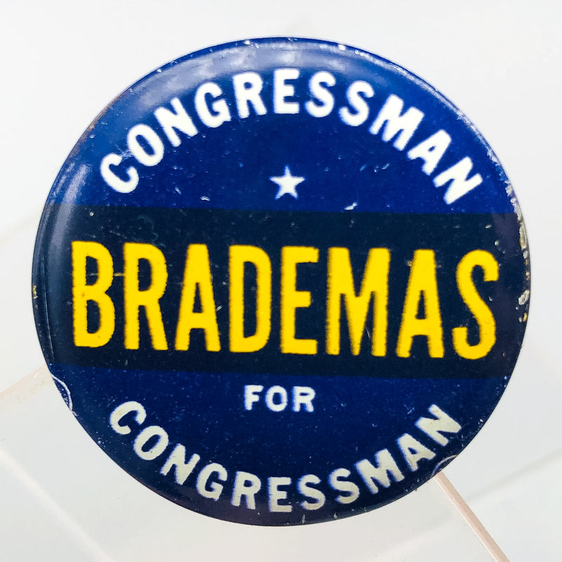 Congressman John Brademas Button Pin 1.25" Indiana Politician Campaign Blue 6