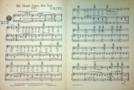 Vintage Sheet Music My Heart Cries For You Carl Sigman Percy Faith Love Song 2