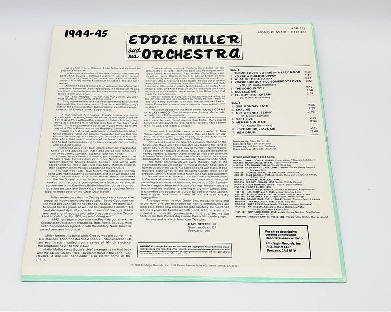 Eddie Miller And His Orchestra The Uncollected LP Record Hindsight Records 2