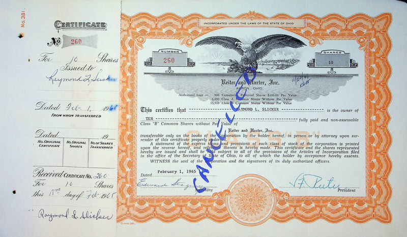 Reiter Dairy Company Stock Certificate Bond Scripophilly Akron Ohio 1965 No 260