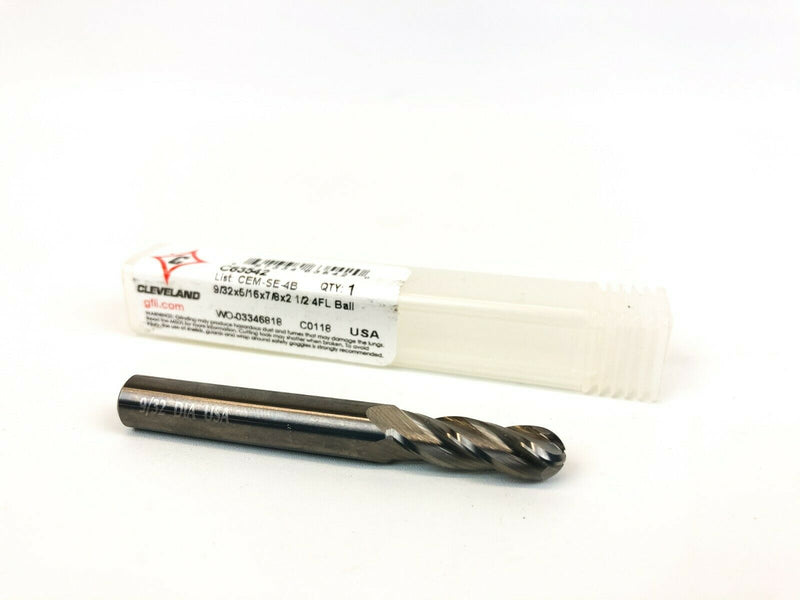 Ball Nose End Mill 9/32" x 2-1/2" Solid Carbide 3/4" LOC Cleveland C63542 4-FL 1