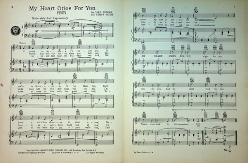 My Heart Cries For You Sheet Music Carl Sigman Percy Faith Dinah Shore Love Song 2
