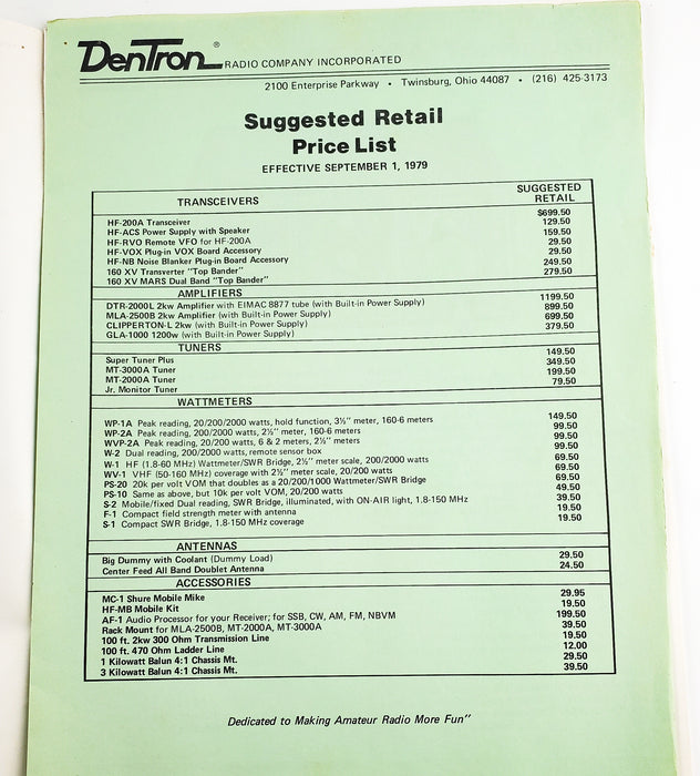 1979 Dentron Radio Company Catalogs & Price Guide - 2 Variations (Green & Brown)