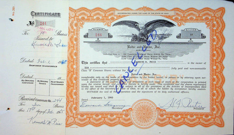 Reiter Dairy Company Stock Certificate Bond Scripophilly Akron Ohio 1965 No 244