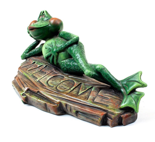 Vintage: Ceramic Bisque Frog Welcome Sign Flower Bed Figure - Signed Tom Amiot 2