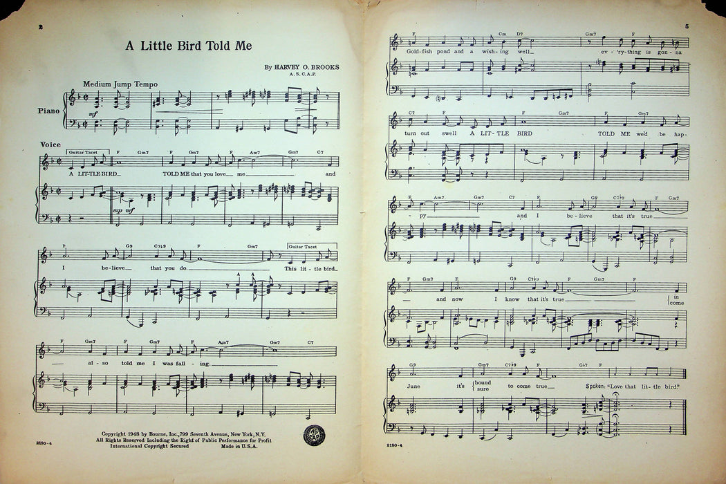 A Little Bird Told Me Sheet Music Harvey O Brooks Piano Vocal 1948 Evelyn Knight 3