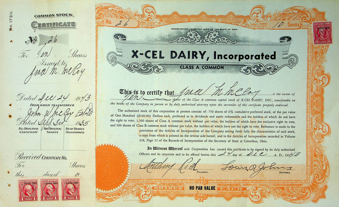 X-Cel Dairy Company Stock Certificate Bond Scripophilly Akron Ohio 1943 No 26