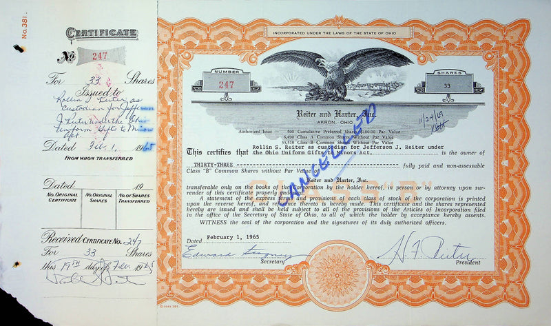 Reiter Dairy Company Stock Certificate Bond Scripophilly Akron Ohio 1965 No 247