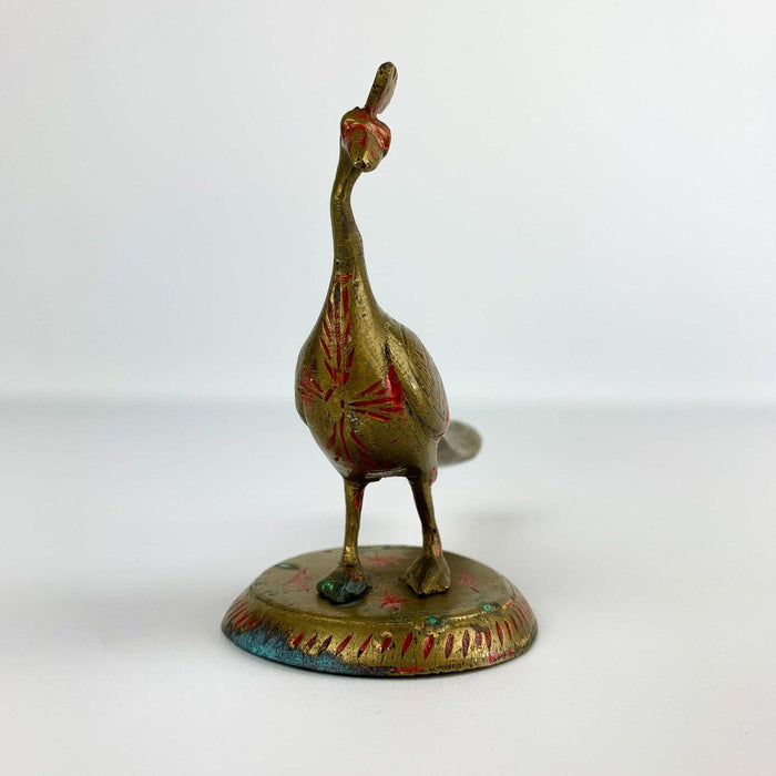 Vintage Brass Peacock Bird With Red Incised Details Long Tail Signed India 4" 9