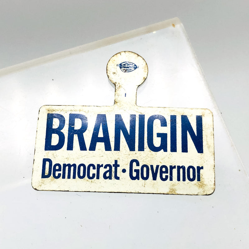 Branigin Democrat Governor Fold Over Back Tab Pin Button 1.5" Indiana Campaign