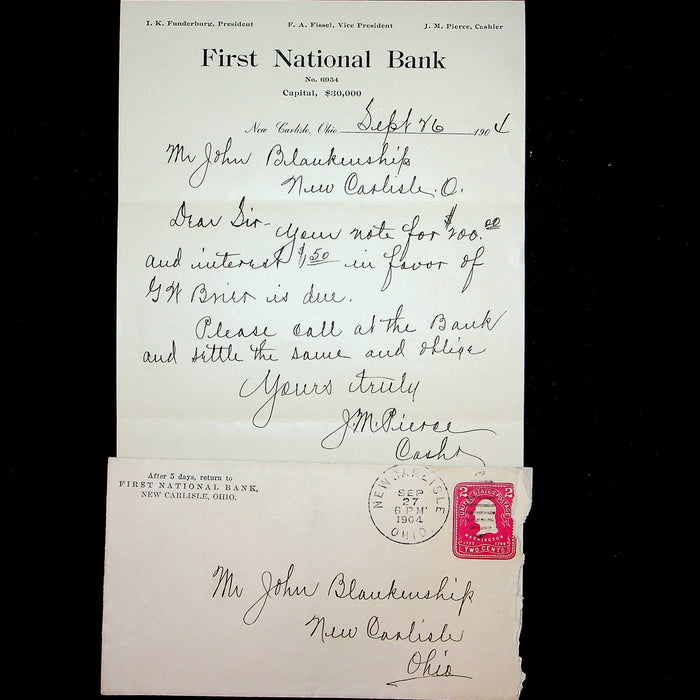 First National Bank Cashiers Collection Note Washington Embossed 2 Cent Stamp