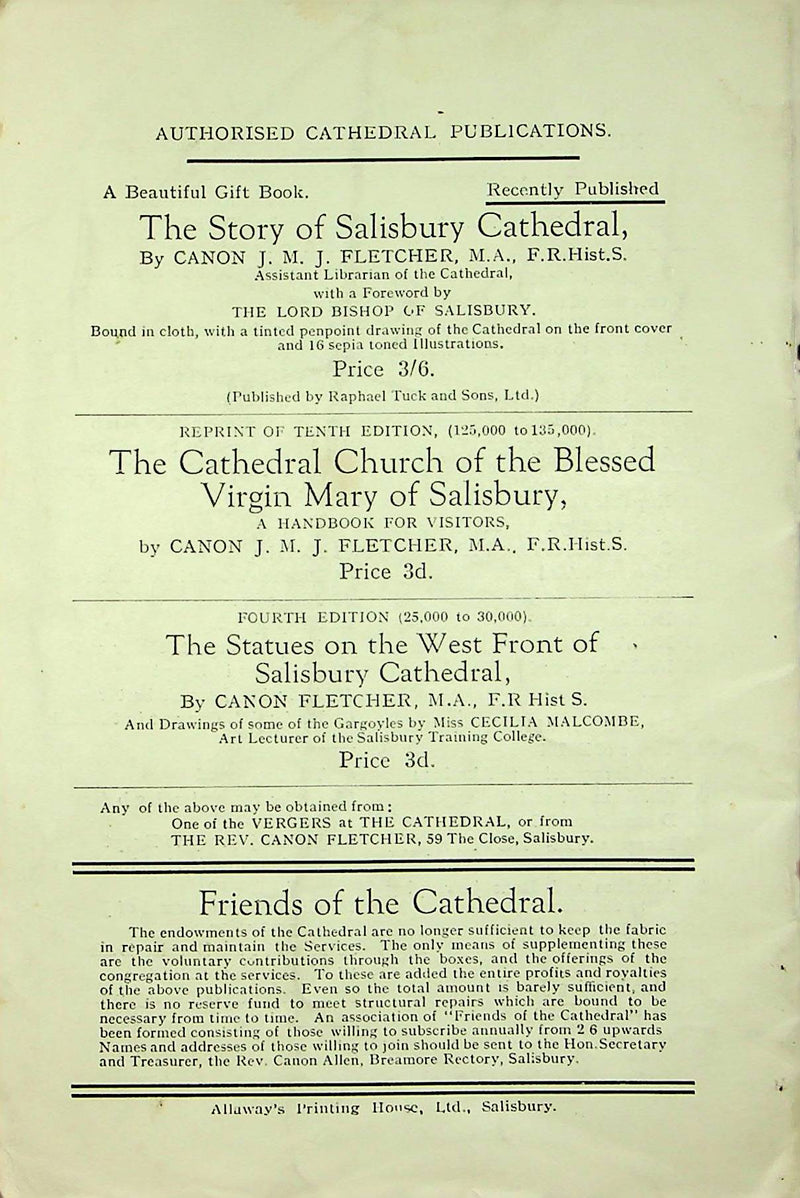 Vintage Guide of Salisbury Cathedral Church Blessed Virgin Mary Canon Fletcher