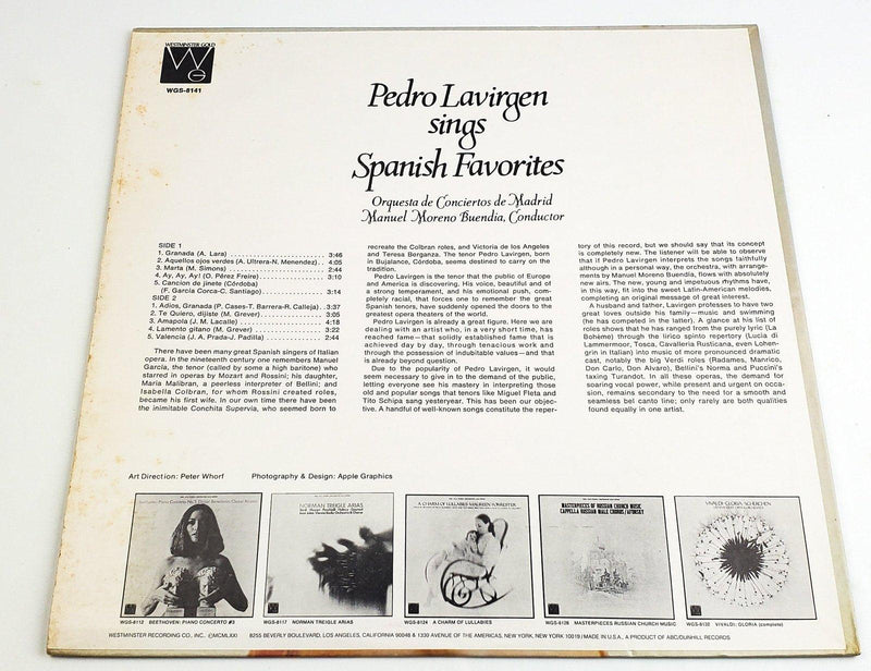 Pedro Lavirgen Sings Spanish Favorites 33 RPM LP Record Westminster Gold 2