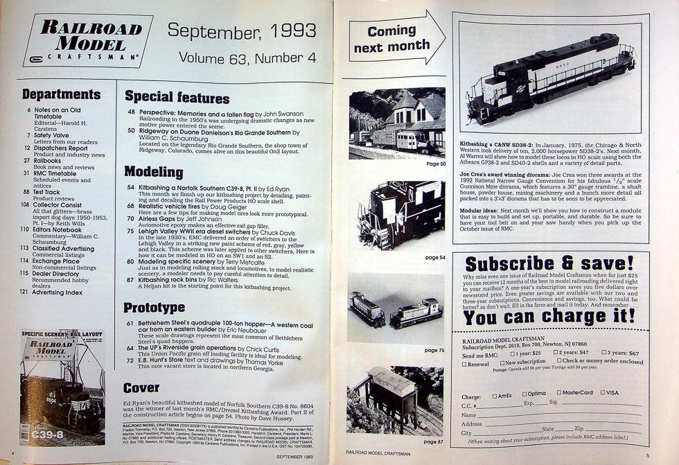 Railroad Model Craftsman Magazine September 1993 Vol 63 No 4 Ed Ryan's C39-8