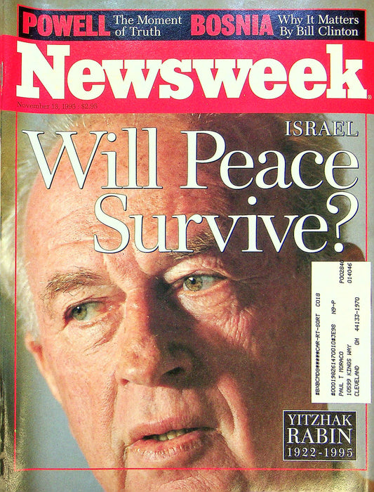 Newsweek Magazine November 13 1995 Yitzhak Rabin Israeli Prime Minister Killed