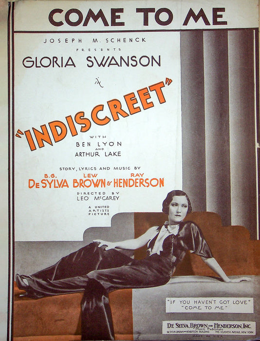 Sheet Music Come To Me Gloria Swanson Indiscreet Movie 1931 B G De Sylva 1