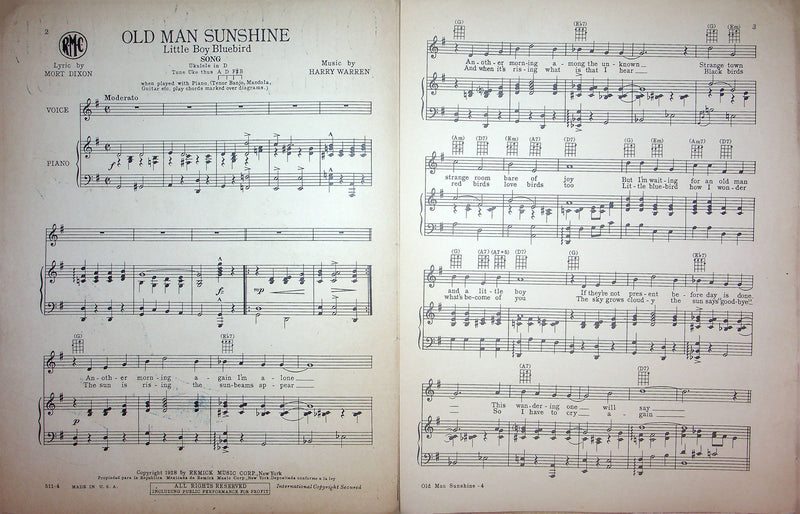 Sheet Music Old Man Sunshine Little Bluebird Mort Dixon Harry Warren 1928 Piano 2