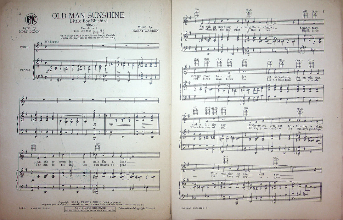 Sheet Music Old Man Sunshine Little Bluebird Mort Dixon Harry Warren 1928 Piano 2