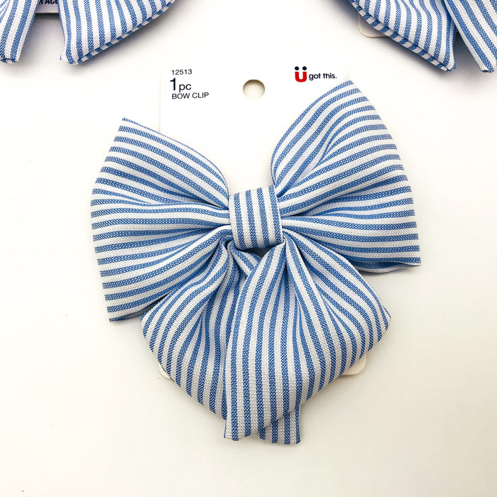 3-Piece Scunci Bow Hair Clip Blue Striped Lightweight Large Summer Wear 12513