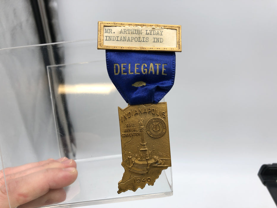 Vintage 1940 Delegate Medal Pinback Indiana Musicians Federation 45th Convention