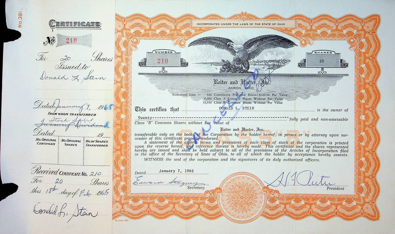 Reiter Dairy Company Stock Certificate Bond Scripophilly Akron Ohio 1965 No 210