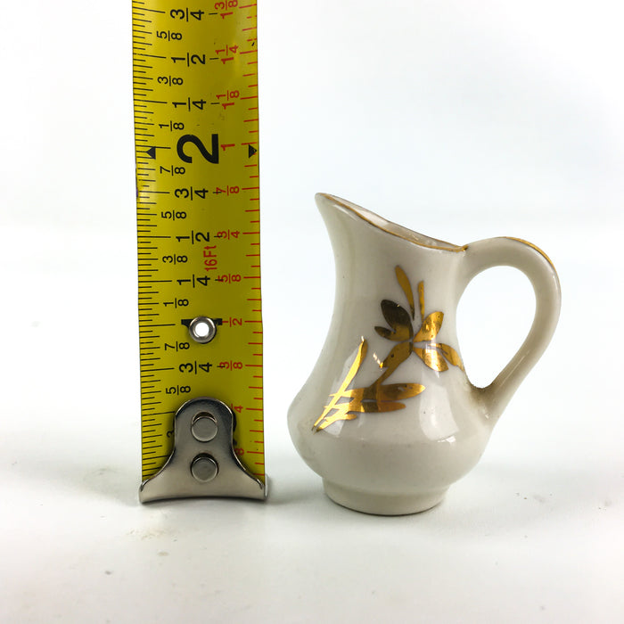 Gold Luster Pitcher Vintage Miniature White Porcelain w/ Flower Motif 1.75"